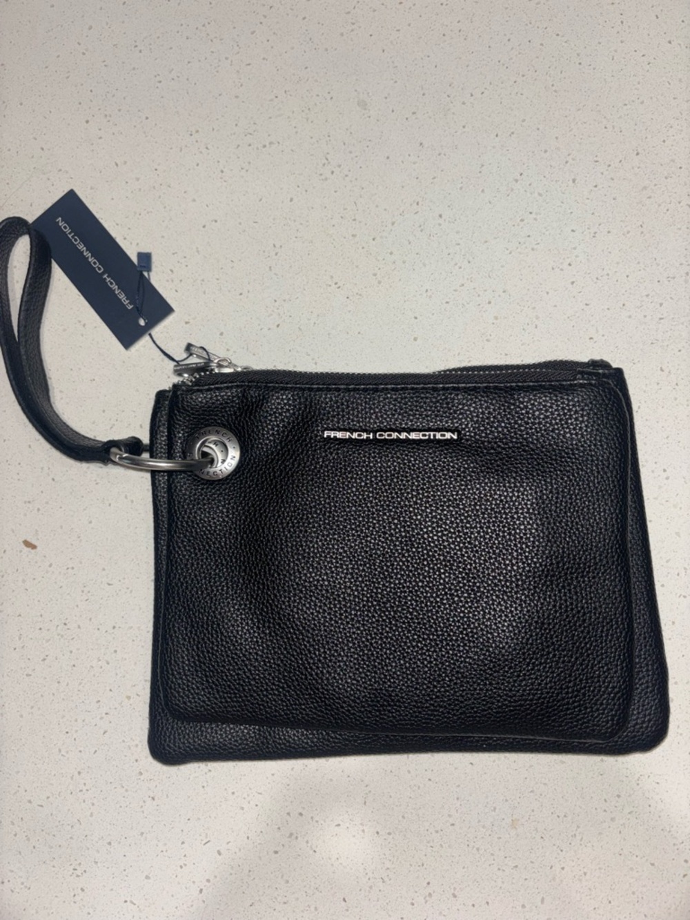 French Connection Black Pebbled Leather Wristlet Pouch